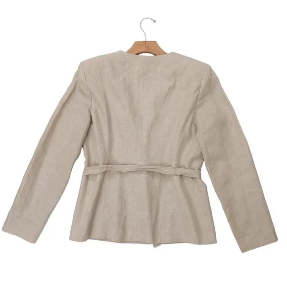 Amanda Smith Blazer Womens 8 Tan Pure Linen Belted Lined Single Button Casual - Picture 2 of 12